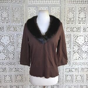 Vtg Chocolate Brown Silk Blend Faux Fur Collar Knit Blouse Sz Large Old Money